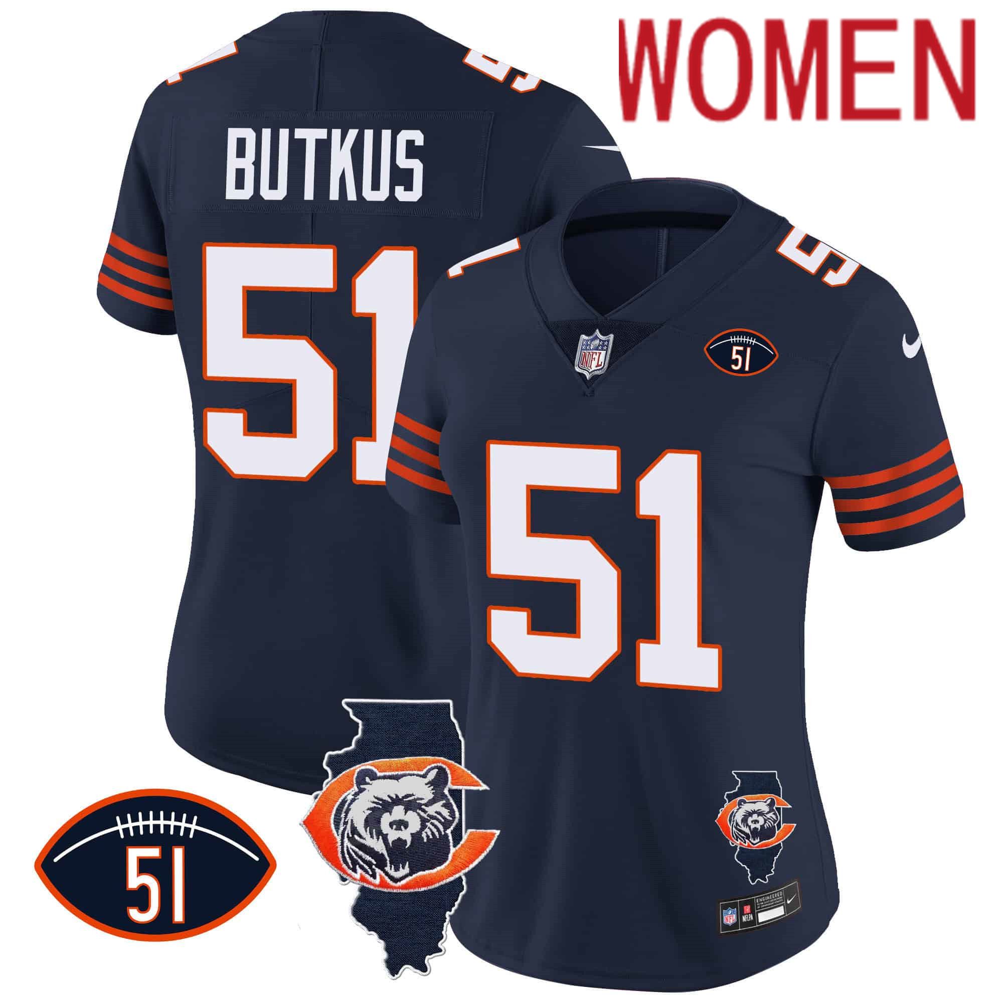 Women Chicago Bears #51 Butkus Blue 2024 Nike Throwback Illinois Patch Vapor NFL Jersey style 1->customized nfl jersey->Custom Jersey
